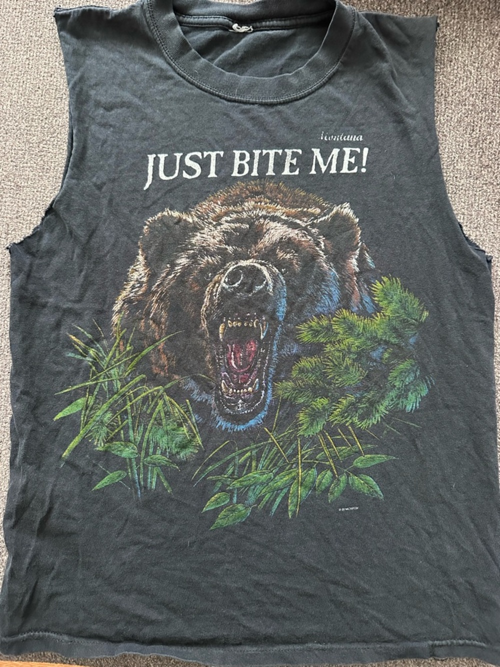Vintage Montana Just Bite Me! Bear Graphic Muscle Tee - Black